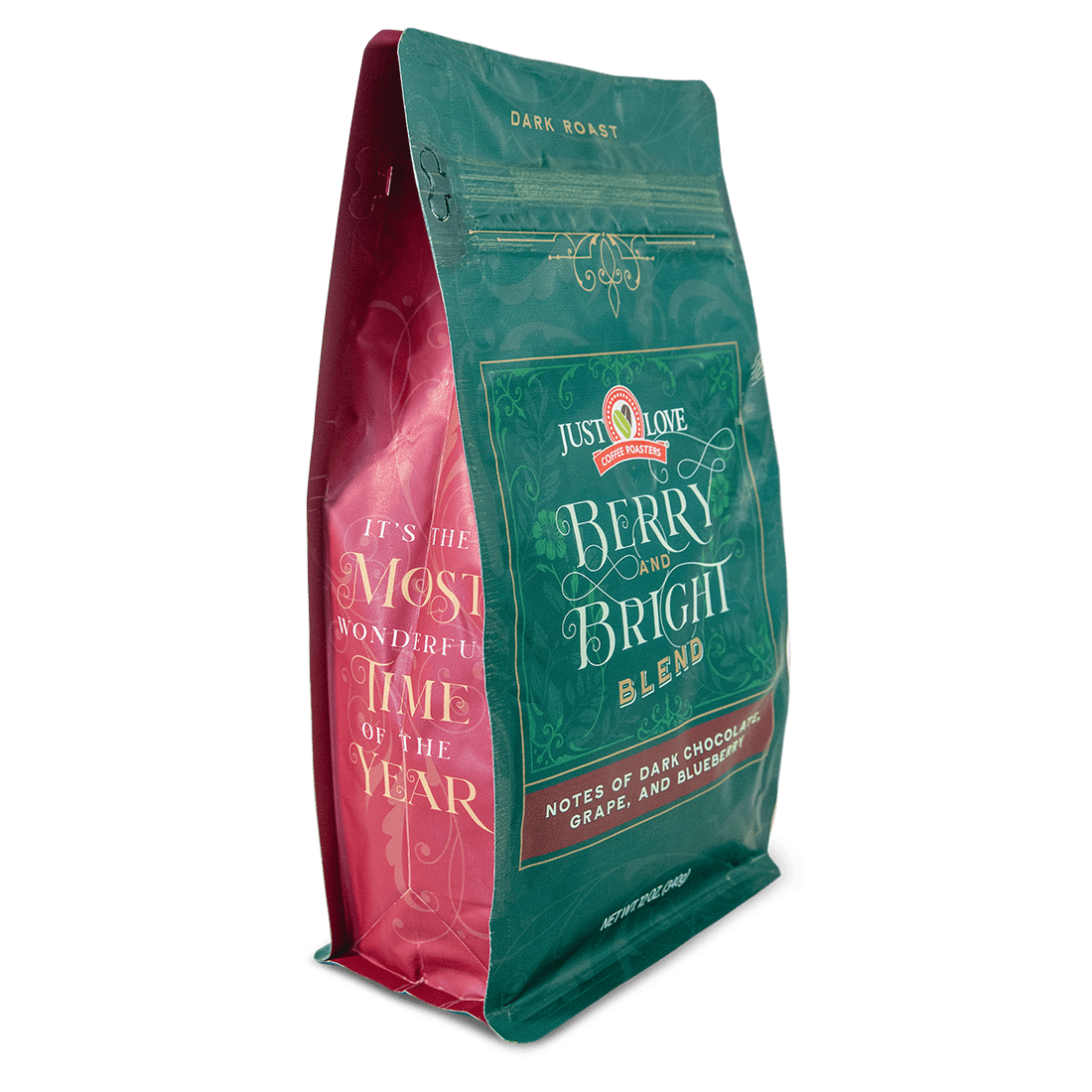 Side view of the Berry and Bright Holiday Coffee Blend 